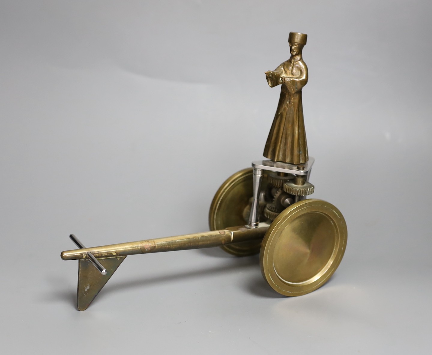 A limited edition bronze and steel two-wheeled cart, fully geared with rotating figural mount, 3/100 dated 1977, length 25cm